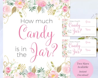 How Much Candy in the Jar Guessing Game Printable 5x7, 8x10 Baby Shower Sign Matching Guess Cards Blush and Gold Watercolor Floral You Print