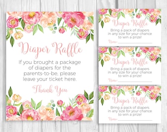 Coral Peonies Diaper Raffle 5x7, 8x10 Printable Sign and Sheet of 3x5 Raffle Tickets - Coral Pink Watercolor Peonies, Instant Download