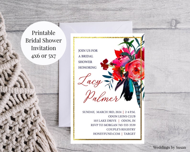 Jewel Tones 4x6, 5x7 Custom Printable Bridal Shower or Bachelorette Invitations, Red, Green, Blue Watercolor Floral and Feathers, You Print image 1