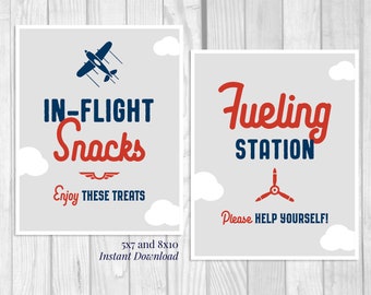 In Flight Snacks, Fueling Station 5x7, 8x10 Printable Boy's Airplane Baby Shower Food & Drink Table Signs, Navy Blue Red Gray - Download