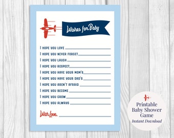 Wishes for Baby 5x7 Printable Boy's Airplane Baby Shower Game, Baby Shower Activity, Keepsake, Navy Blue, Red, Light Blue, Instant Download