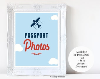 Passport Photos 5x7, 8x10 Printable Airplane Baby Shower, Birthday Photo Booth Sign, Navy Blue, Light Blue and Red, Instant Download