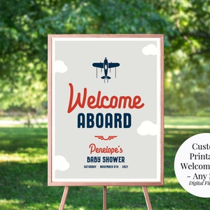 Welcome Aboard Custom Personalized Printable Airplane Baby Shower Welcome Sign Any Size Navy Blue, Red, Gray Features Mom's Name image 3