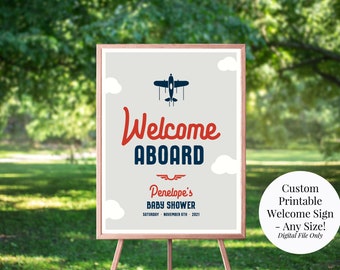 Welcome Aboard Custom Personalized Printable Airplane Baby Shower Welcome Sign - Any Size - Navy Blue, Red, Gray - Features Mom's Name