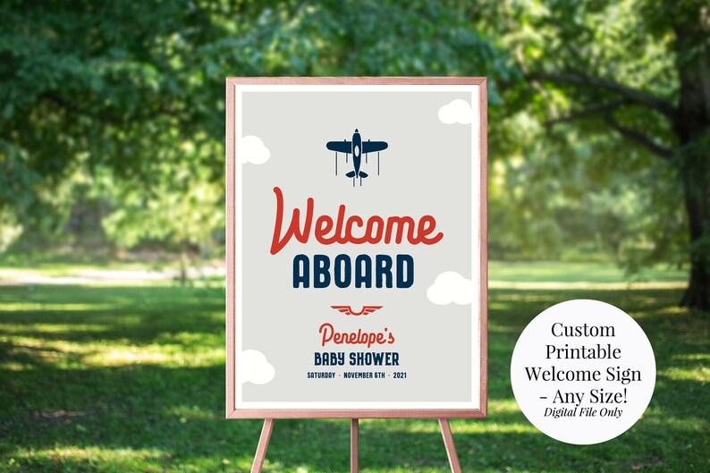 Welcome Aboard Custom Personalized Printable Airplane Baby Shower Welcome Sign Any Size Navy Blue, Red, Gray Features Mom's Name image 3