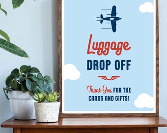 Luggage Drop Off 4x6, 5x7, 8x10 Printable Airplane Baby Shower Favor Table Sign, Thank You for Cards and Gifts, Navy Blue, Light Blue, Red