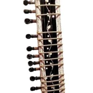 May include: A sitar, a long-necked stringed instrument, is shown against a white background. The instrument has a black body and neck, with decorative silver accents. The neck features tuning pegs and strings.