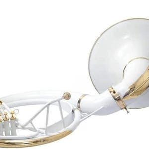 Könnte beinhalten: Ein weißes Sousaphon mit goldfarbenen Akzenten. Das Blechblasinstrument hat einen großen Schallbecher und einen kreisförmigen Korpus, der um den Körper des Spielers getragen wird. Das Instrument wird in Marschkapellen und anderen Ensembles verwendet.