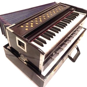 May include: A brown and silver harmonium with a keyboard and bellows. The instrument has a series of keys, with black and white keys. The top of the harmonium has a series of gold-coloured circular accents.