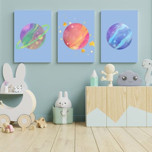 Planet Trio Prints for Kids Room Stars, Blue Sky Wall Art for Children's Room Decor Kids Room Space Decor Adorable Planets Digital Prints