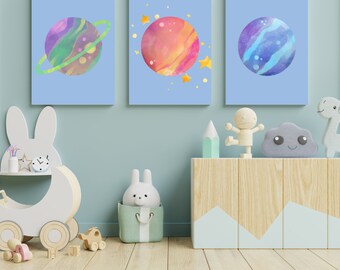 Planet Trio Prints for Kids Room Stars, Blue Sky Wall Art for Children's Room Decor Kids Room Space Decor Adorable Planets Digital Prints