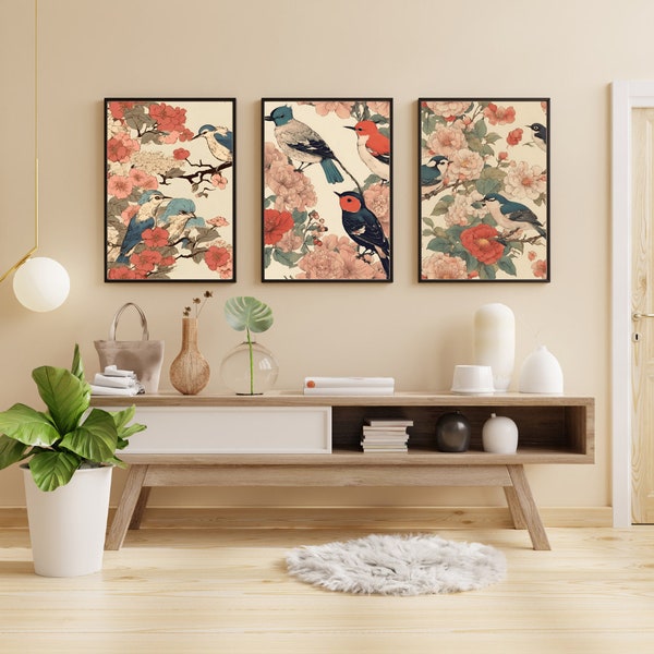 Autumnal Japanese Ambiance: Set of 3 Digital Prints Birds and Flowers - Orange, Brown, Burgundy - Perfect for Home and Office Autumnal Tones