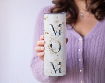 Mom Tumbler| 20 oz Tumbler| Gift for Mom | Seamless Blue And Gold Roses With The Word MOM| Gift for Mother's Day