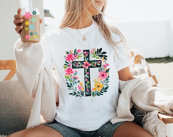 Gebloemd kruisshirt, paas-T-shirt, christelijk cadeau, comfortabele kleuren