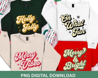 Könnte beinhalten: Vier Sweatshirts mit Feiertags-Slogans. Eines ist dunkelgrün mit "Holly Jolly" in Gelb und Gold. Ein anderes ist weiß mit "Oh What Fun" in Schwarz und Gold. Ein drittes ist beige mit "Merry Vibes" in Rot. Das letzte ist rot mit "Merry & Bright" in Grün und Gold.