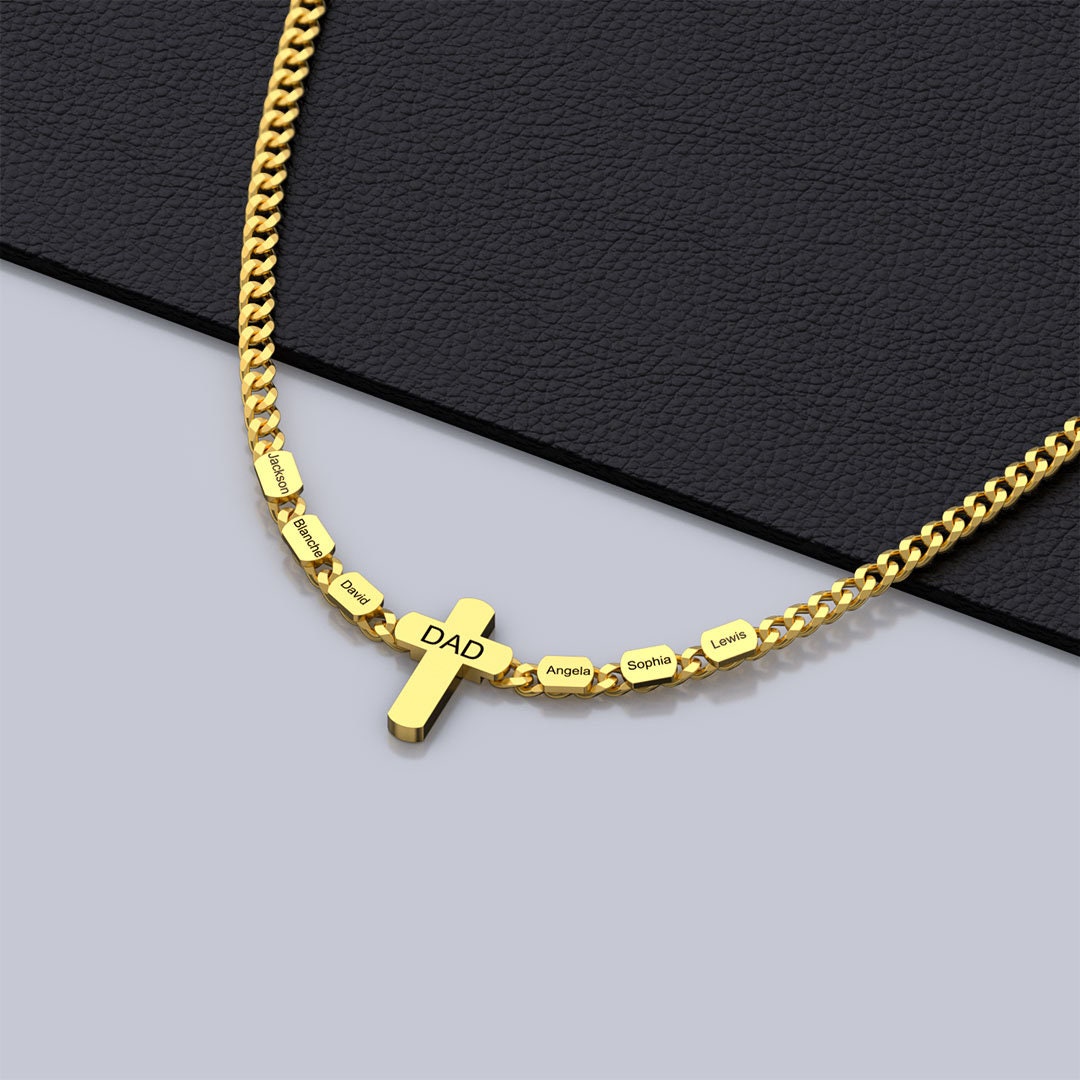 Custom Names Cross Pendant Necklace, Personalized Children Names Dad Cross Necklace, Dad Cuban Link Chain, Father's Day Gift, Gift for Him