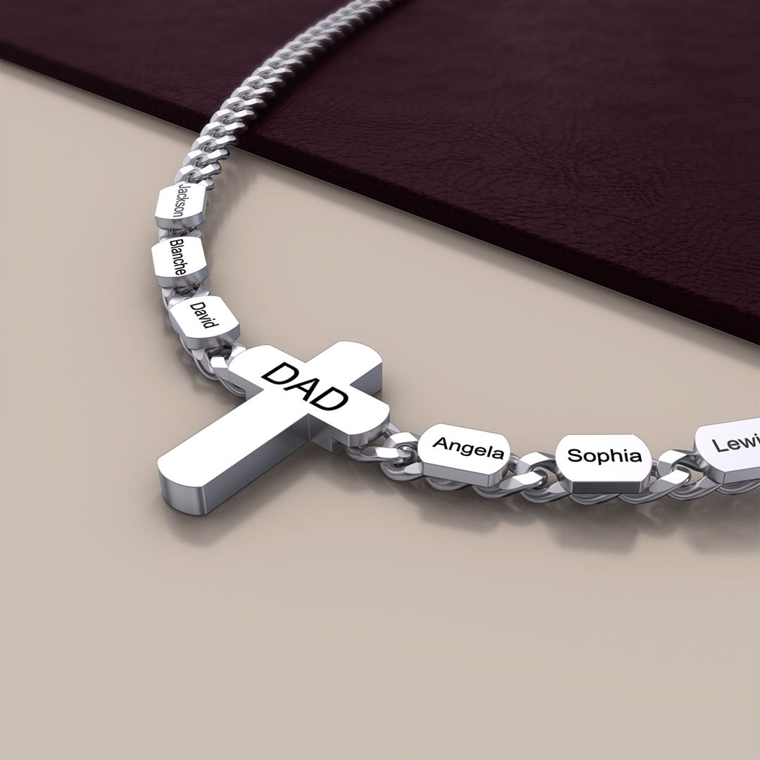 Custom Names Cross Pendant Necklace, Personalized Children Names Dad Cross Necklace, Dad Cuban Link Chain, Father's Day Gift, Gift for Him