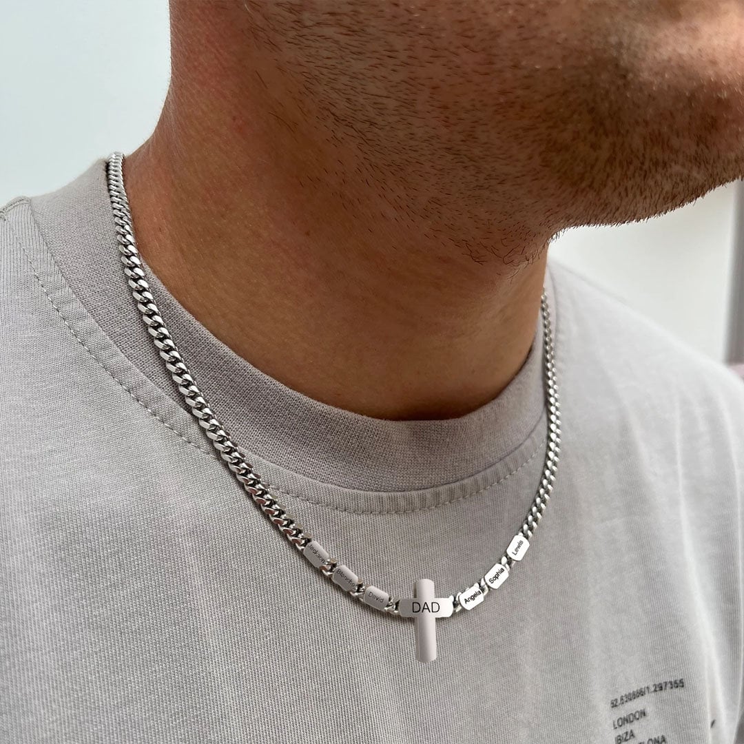 Custom Names Cross Pendant Necklace, Personalized Children Names Dad Cross Necklace, Dad Cuban Link Chain, Father's Day Gift, Gift for Him