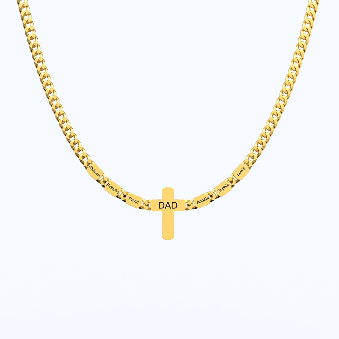 Custom Names Cross Pendant Necklace, Personalized Children Names Dad Cross Necklace, Dad Cuban Link Chain, Father's Day Gift, Gift for Him