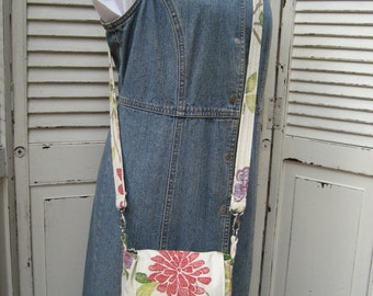 Vintage Barkcloth Bag 1960's Floral Dahlia Crossbody Bag Lightweight Bag