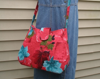 Vintage Barkcloth Crossbody Bag: Red Turquoise Leaf Print
