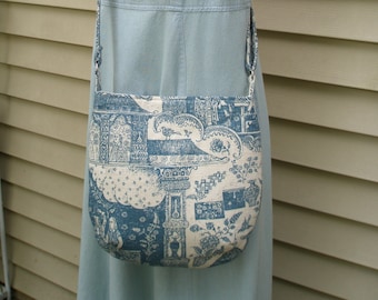 Blue and Ivory Crossbody Bag Blue Vintage Toile Decor Fabric Renaissance Mideastern Design