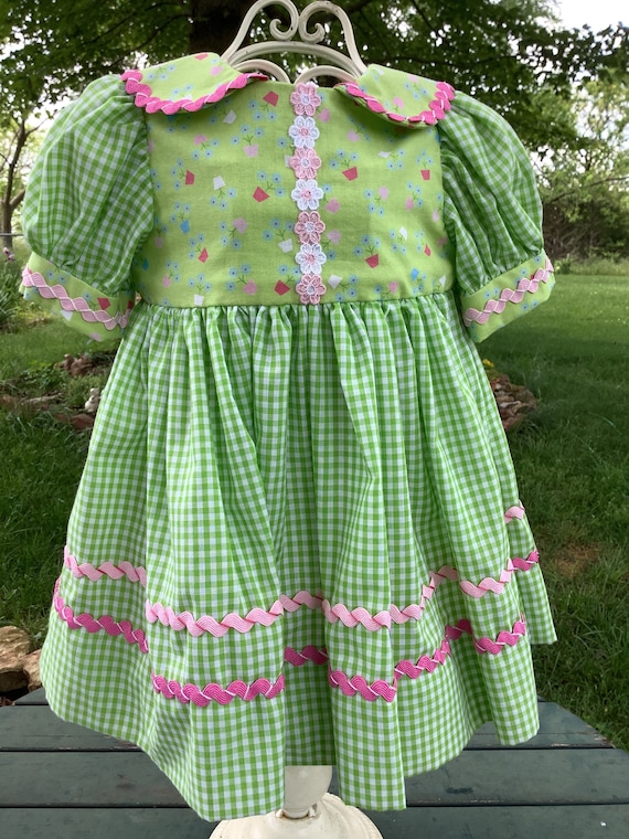 Toddler Dress Green Gingham and Pink Daisies Size 18 Months 1950s Style -  Etsy