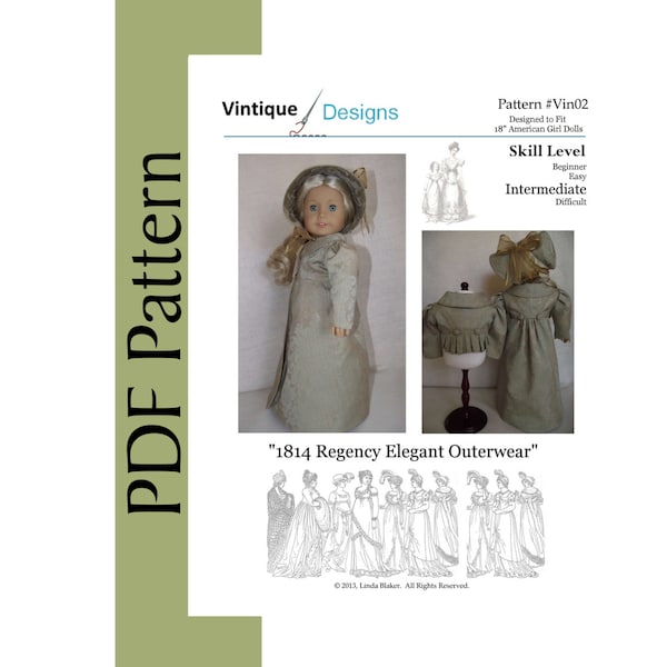 18" Doll PDF Pattern Elegant Outerwear Historical Regency Jane Austen Bonnet Spencer Pelisse