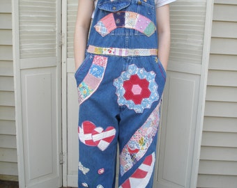 Quilter's Denim Overalls Quilt Patches Upcycle Embellished, Embroidery Art to Wear Overalls