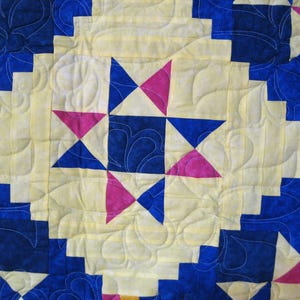 Ohio Star Twin Quilt: Cotton Patchwork, Royal Blue & Yellow