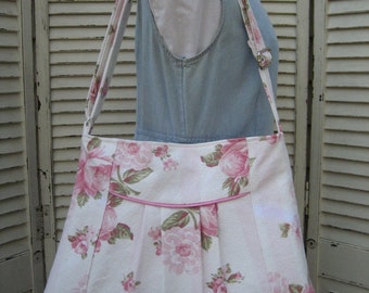 Vintage Cotton Barkcloth Roantic Pink Roses and White Floral Barkcloth Large Pleated Crossbody Bag Mary Rose Lining