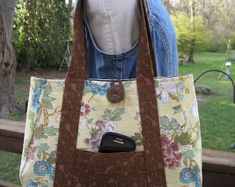 Vintage Barkcloth Bag 1960's Spring Pale Yellow & Brown Market Bag Large Tote