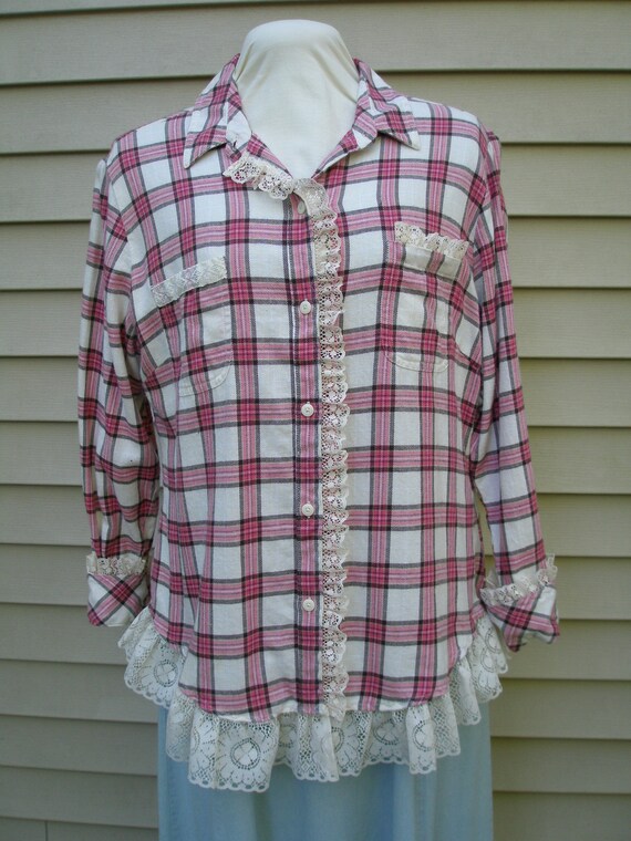 Upcycled Buffalo Plaid Flannel Shirt with Vintage Lace Cottagecore