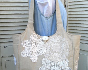 Linen Shoulder Bag Vintage Doily Lace Vintage Crochet Purse