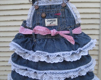 Denim Baby Dress Ruffles and Lace Baby Dress 3 Months Baby Denims Overalls Dress  OOAK