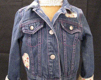 Toddler Denim Jacket Baby Girl Embellished Denim inset Hearts Roses fabric xs 4 Upcycled Jacket