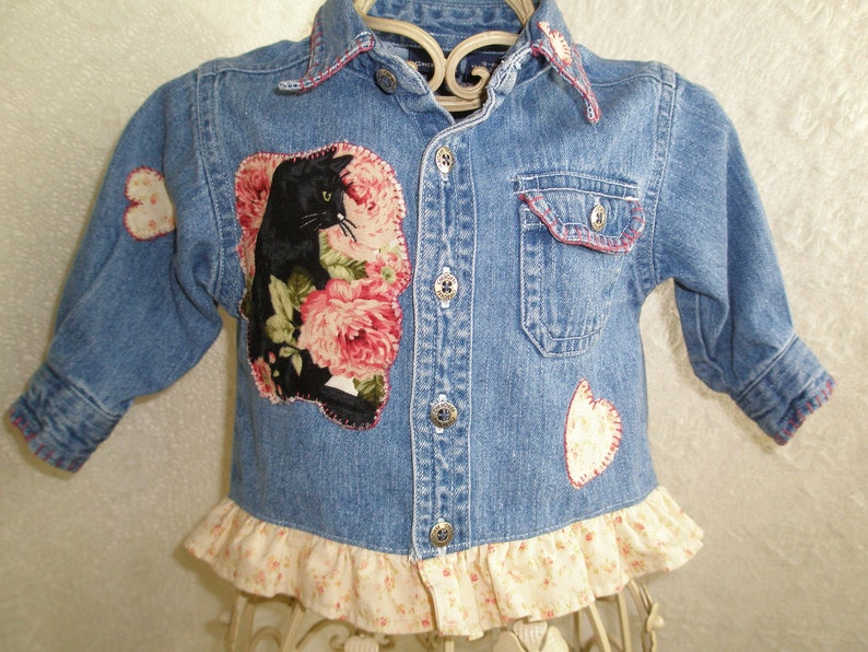 Baby Denim Shirt Black Cats & Peonies Hearts Appliques Etsy