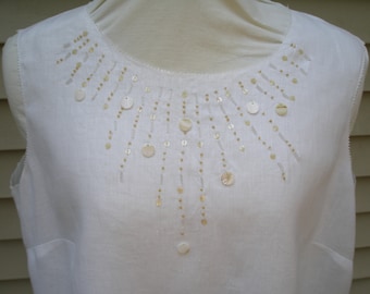 Pure White Linen Top Jones of New York Country Linen,  Beads, Mother of Pearl Shells Linen Tank
