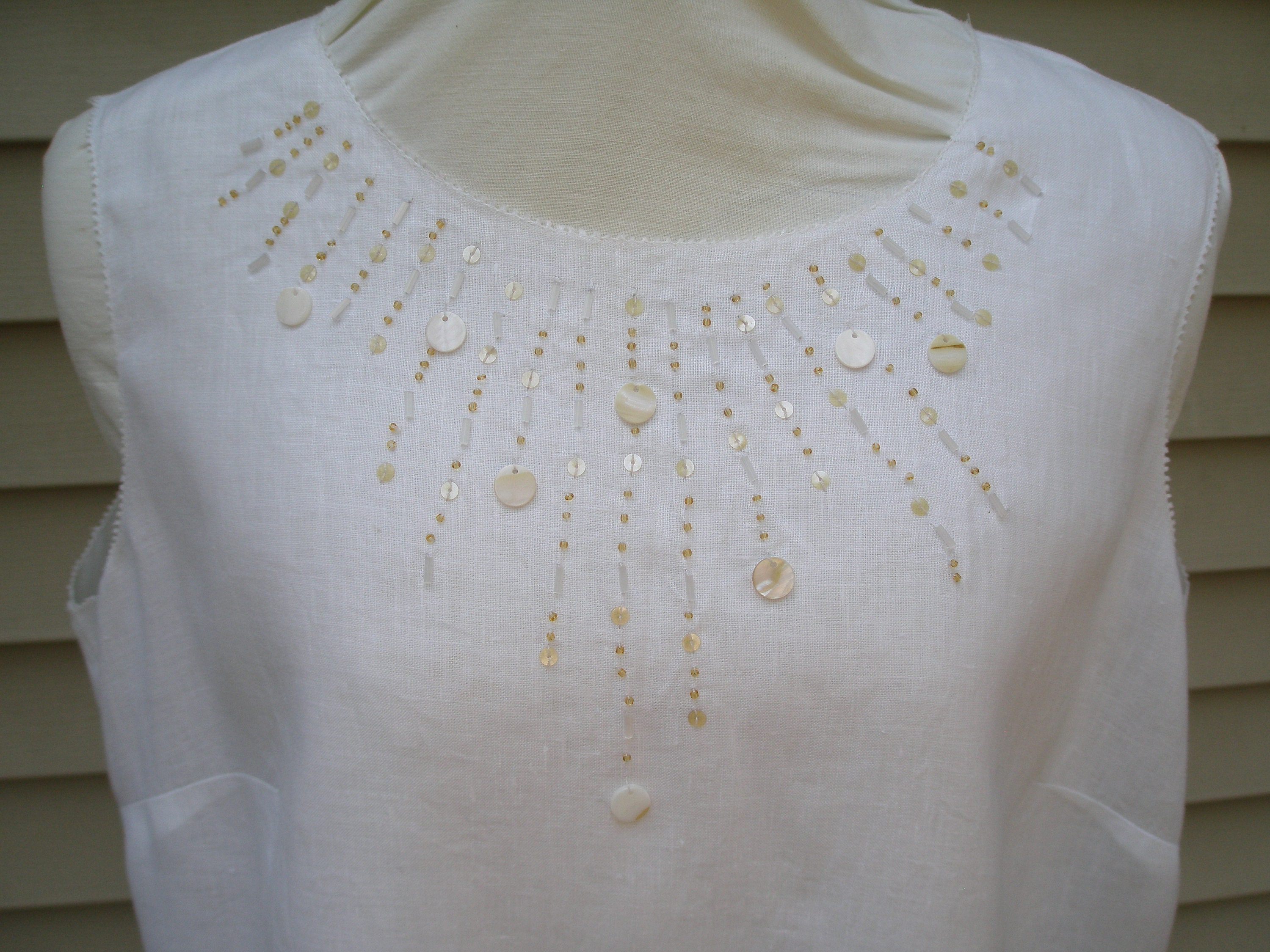 White Linen Tank Top: Jones of New York, Mother of Pearl Beads