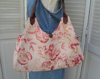 Vintage Old World Printed Linen Handbag Roses Linen Purse Leather Straps