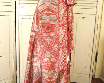 Vintage 90s Polyester Wrap Skirt: Paisley Floral Print, Reversible Sash Tie