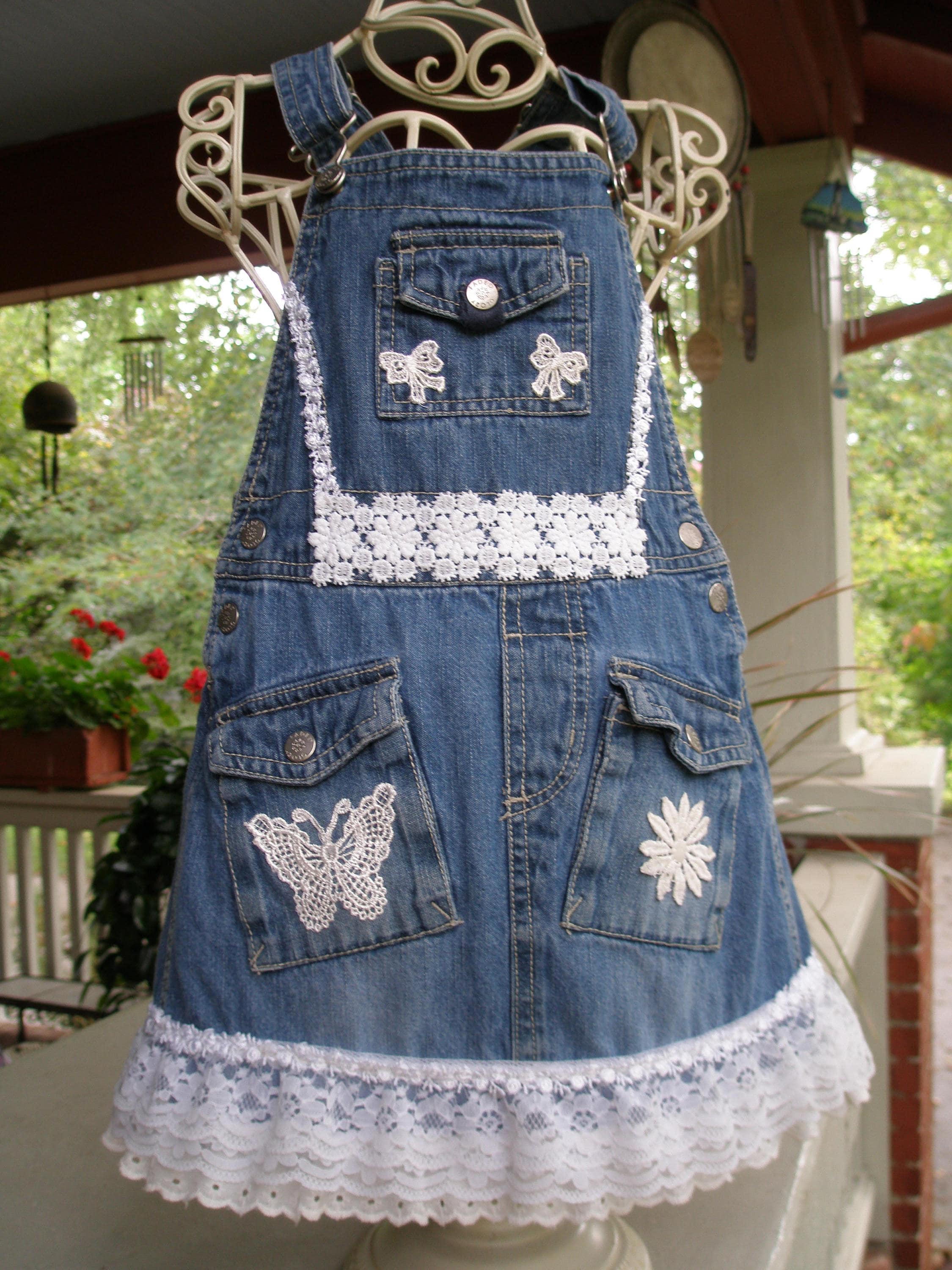 Denim & Lace Overall Dress Country Toddler Girl Upcycled