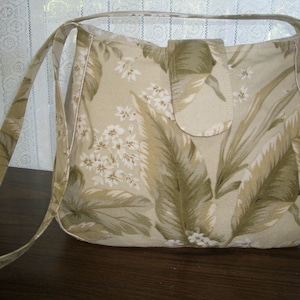 Vintage Barkcloth Handbag Purse Tone-on-Tone Champagne Barkcloth Tropical Leaves Vintage Fabric Purse