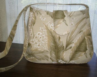 Vintage Barkcloth Handbag Purse Tone-on-Tone Champagne Barkcloth Tropical Leaves Vintage Fabric Purse