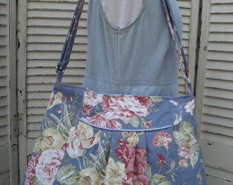 Vintage Cotton Twill Blue Floral Large Pleated Crossbody Bag