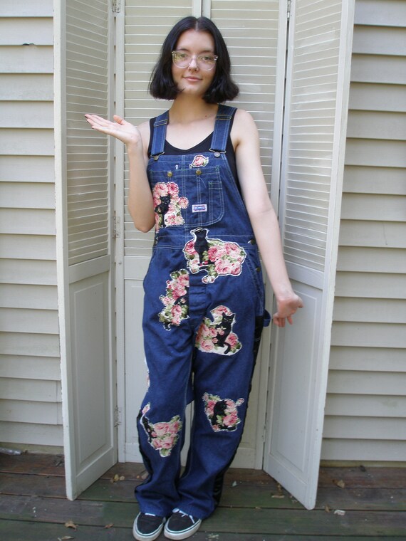 Black Cats & Peonies Vintage Denim Overalls M Upcycled - Etsy