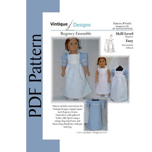 18&quot; Doll Regency Ensemble PDF Pattern Jane Austen Dress, Apron, Pantalettes, Historical Regency