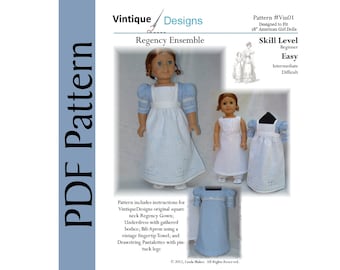 18" Doll Regency Ensemble PDF Pattern Jane Austen Dress, Apron, Pantalettes, Historical Regency