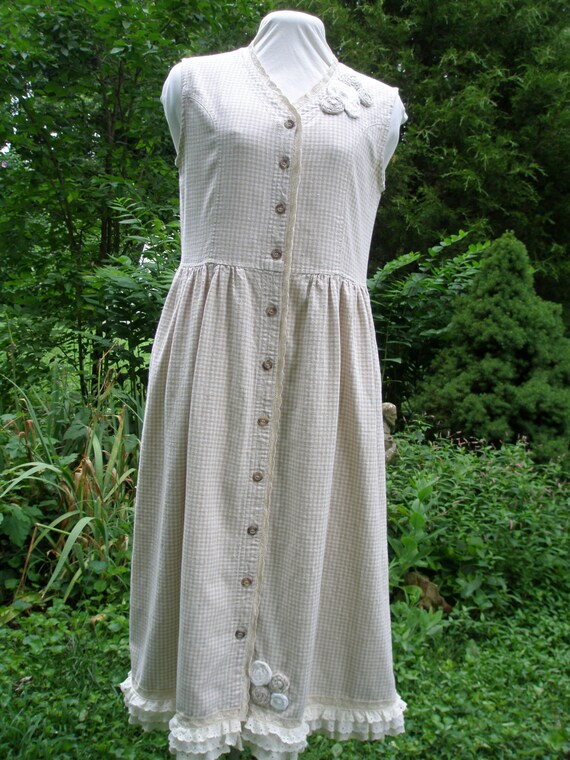 Linen Dress Vintage Check Linen Embellished Artsy… - image 2