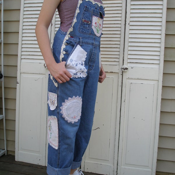 Denim Overalls Vintage Embroidery Patches Doilies Vintage Linens Upcycled Embellished Embroidery Patched Overalls